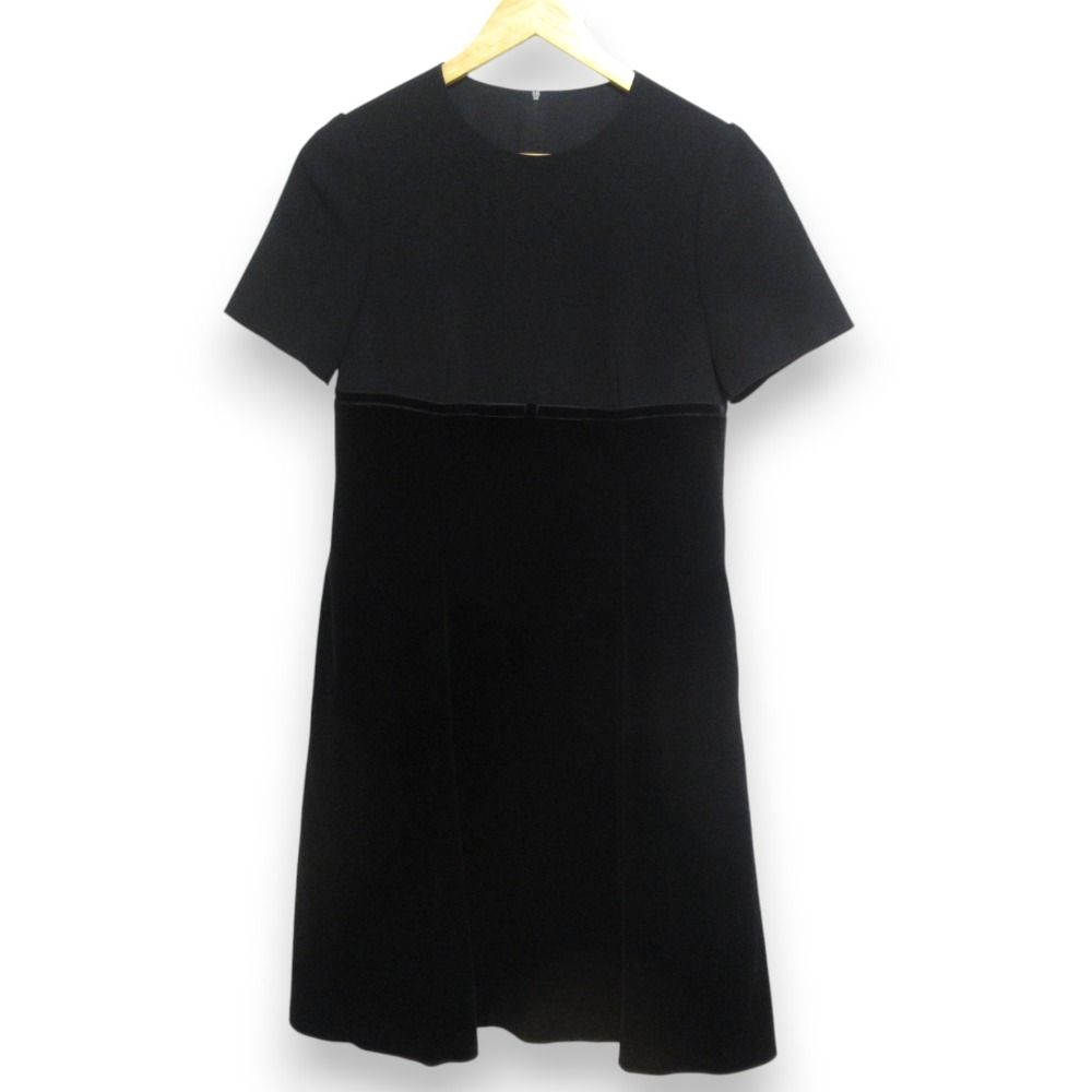 美品 24SS ベロアノワール バイ フォクシーニューヨーク Joyce ベロアドッキング 半袖 ひざ丈ドレス ワンピース 44210 40 ブラック レディース 古着  USED