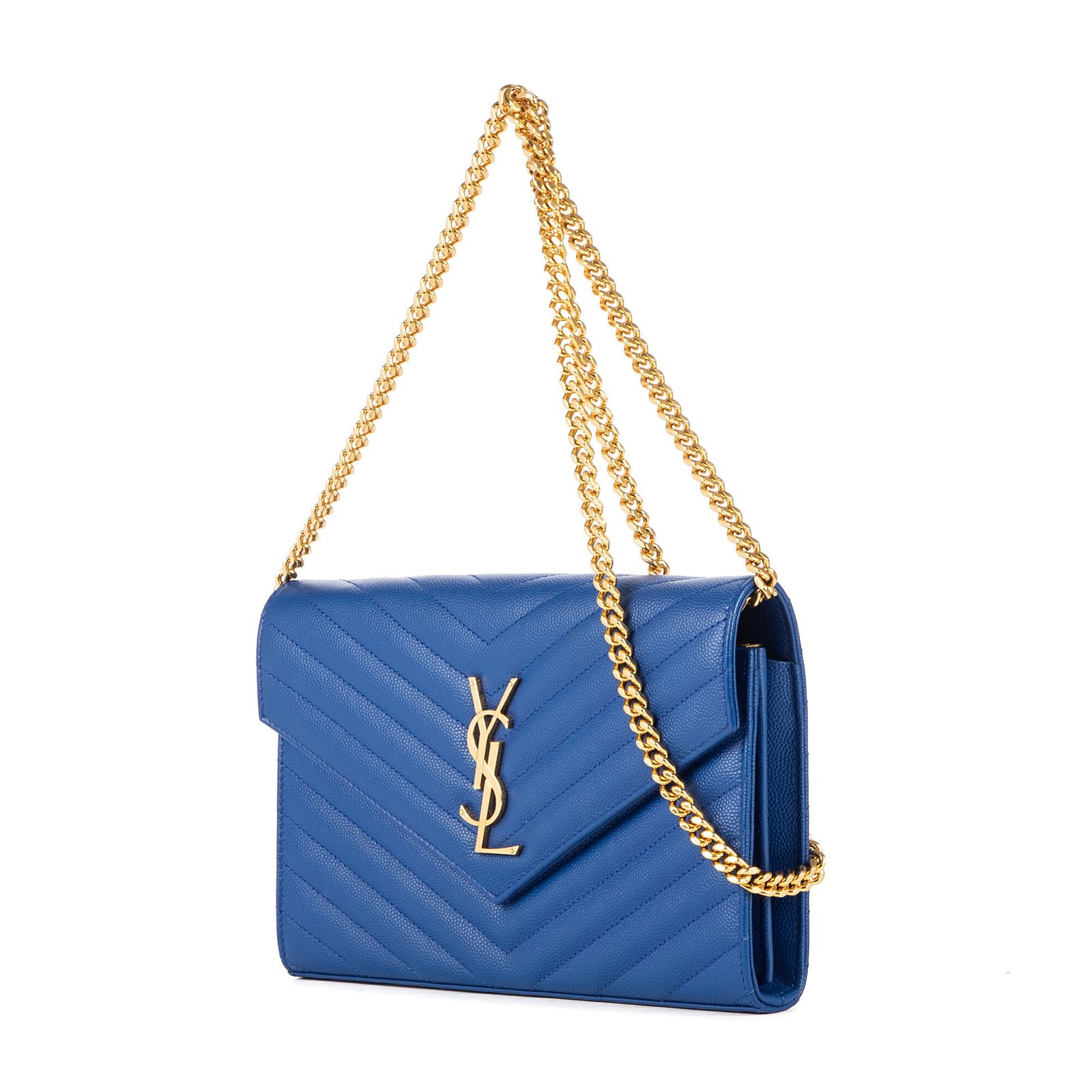 YVES SAINT LAURENT イヴサンローランチェーンウォレット青グレイン ド プードル レザーA