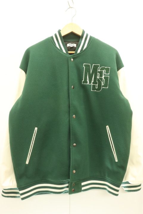 【中古】 MSG メンズスタジャン L ロゴワッペン袖切替ビックシルエットスタジャン MSG L 白 ホワイト 緑 グリーン ワッペン