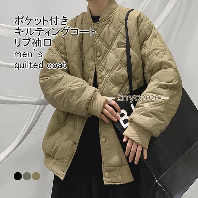 キルティングコート メンズ アウター 異素材 無地 立ち襟 長袖 防風 防寒 保温性 軽量 柔らかい 暖かい ゆったり シンプル 冬服