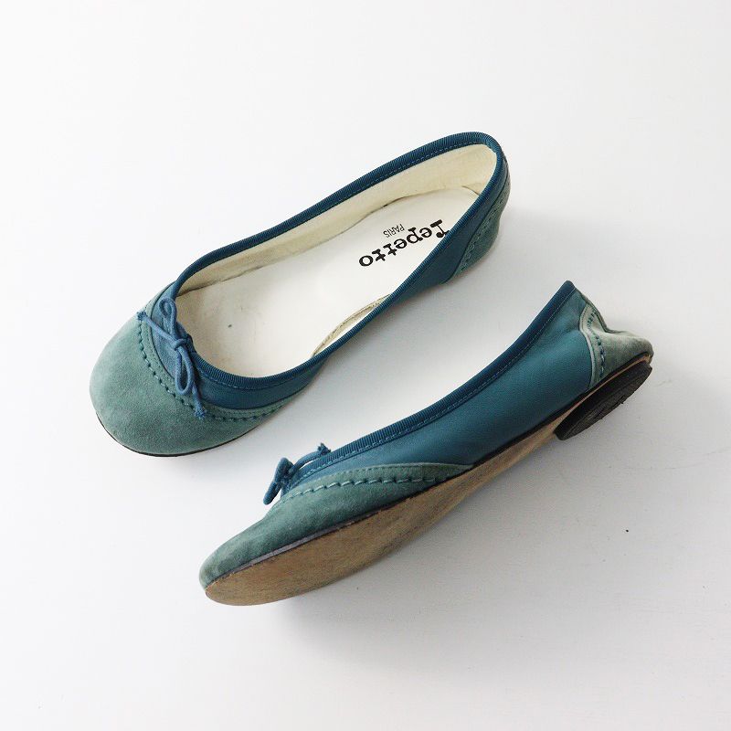 レペット repetto スエード×レザー切替バレエシューズ 36/ブルーグリーン バレリーナ フラット 22.7cm【2400013982375】