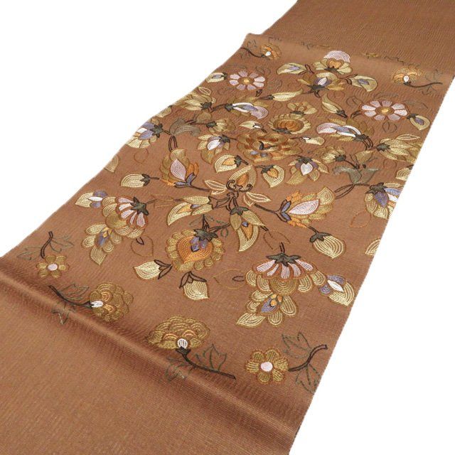 特選 袋帯 リサイクル 正絹 カジュアル 仕立て上がり お太鼓柄 刺繍 花模様 反端付き 香染色 多色 きもの北條 A1285-13