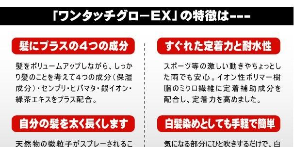 ワンタッチグローEX ２００ｇ 気になる部分にスプレーするだけ 髪を黒くふさふさにする瞬間増毛スプレー 2本組(薄毛対策グッズ)｜売買されたオークション情報、yahooの商品情報をアーカイ  薄毛対策グッズ