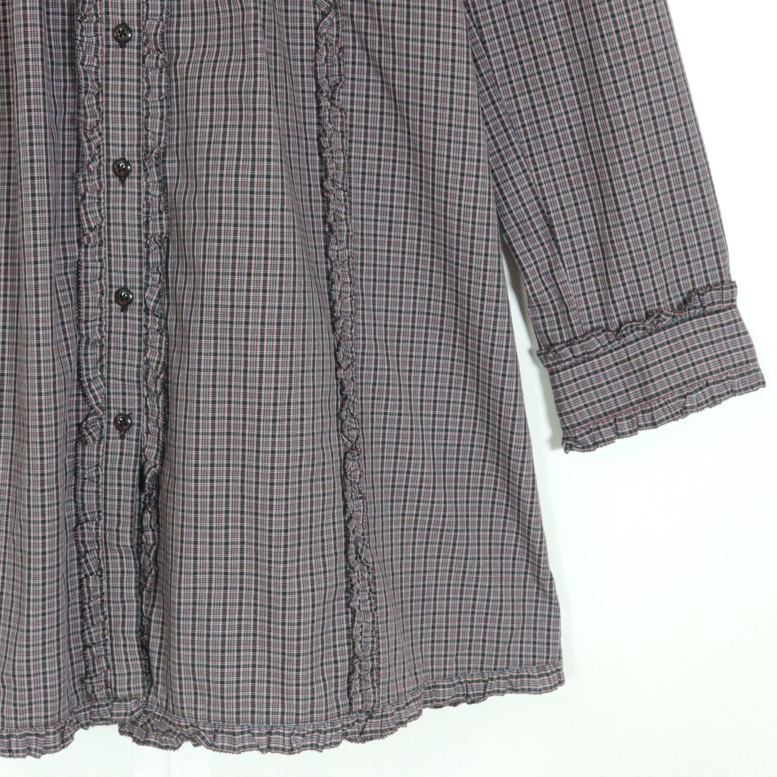 美品】ピンクハウス☆かぶせ段々フリル♪ブラウス 赤×黒系 前開き  