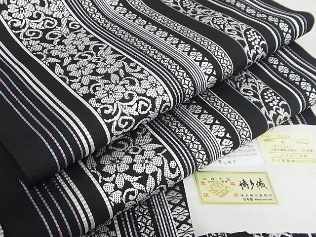 平和屋-こころ店■極上　両面丸帯　組織　間道　金糸　正絹　逸品　未使用　KAAA10635kk4 平和屋-こころ店□極上 本場筑前博多織 八寸名古屋帯 花唐草間道 黒地