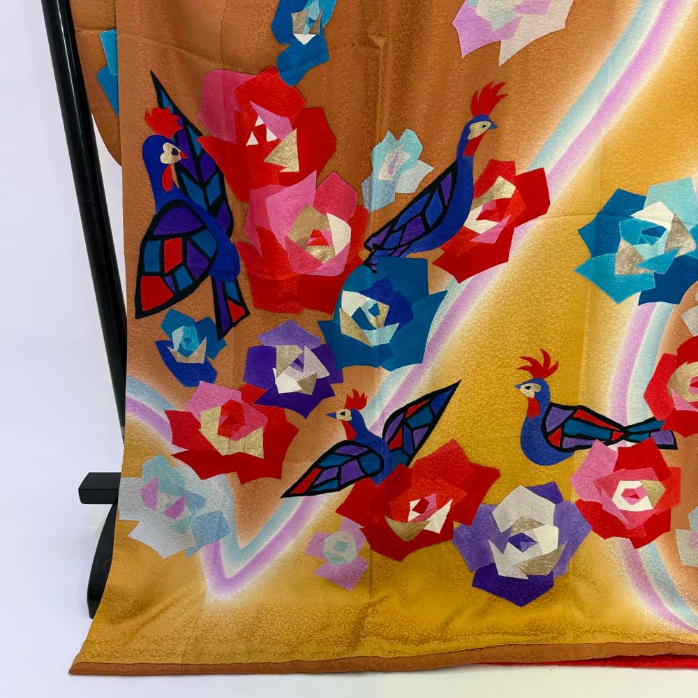 本振袖 引き振袖 正絹 茶 黄色 花柄 古典 刺繍 結婚式 裄64.5cm