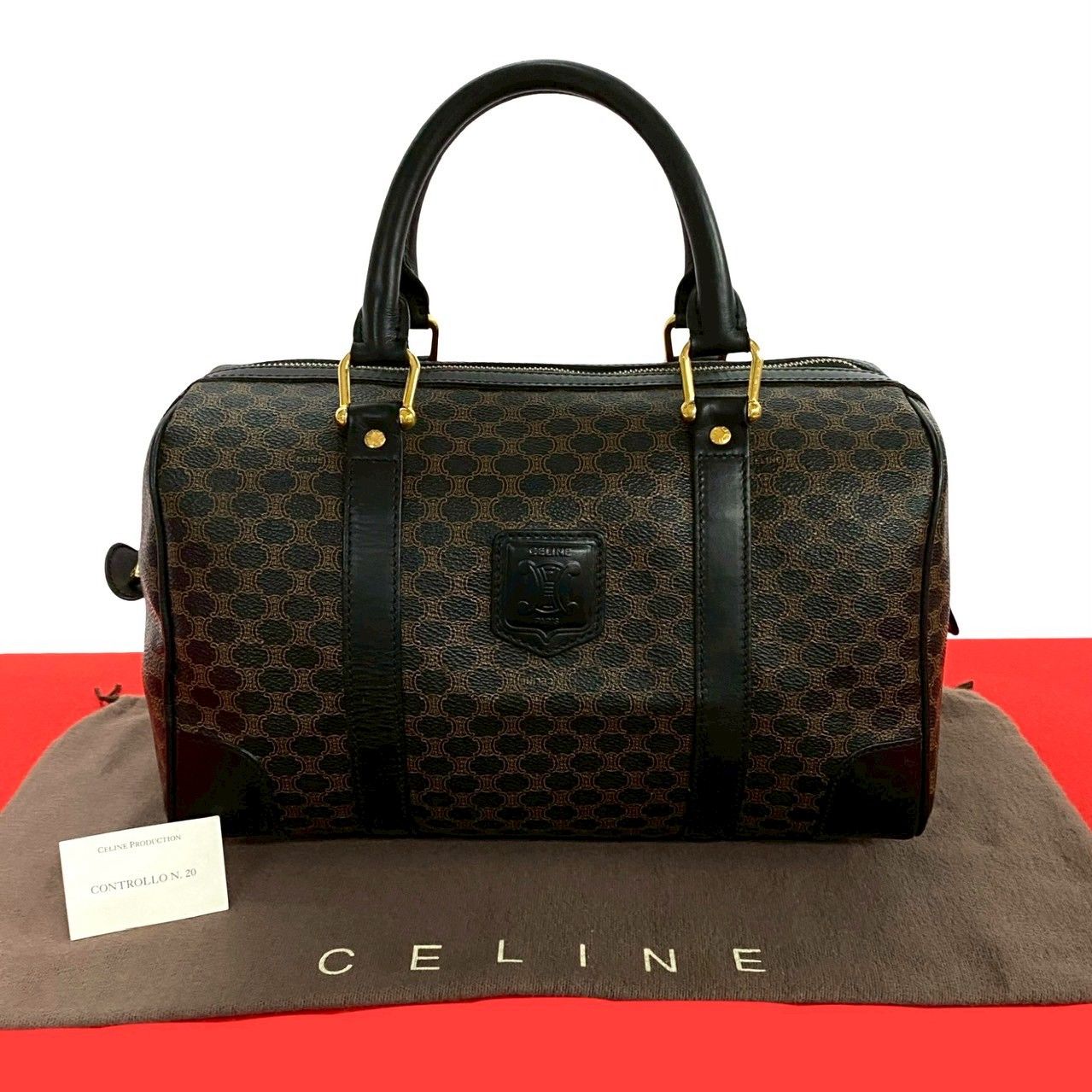 CELINE セリーヌ ヴィンテージ マカダム ブラゾン トリオンフ 柄 レザー ハンドバッグ ミニ ボストンバッグ ブラック 940-8