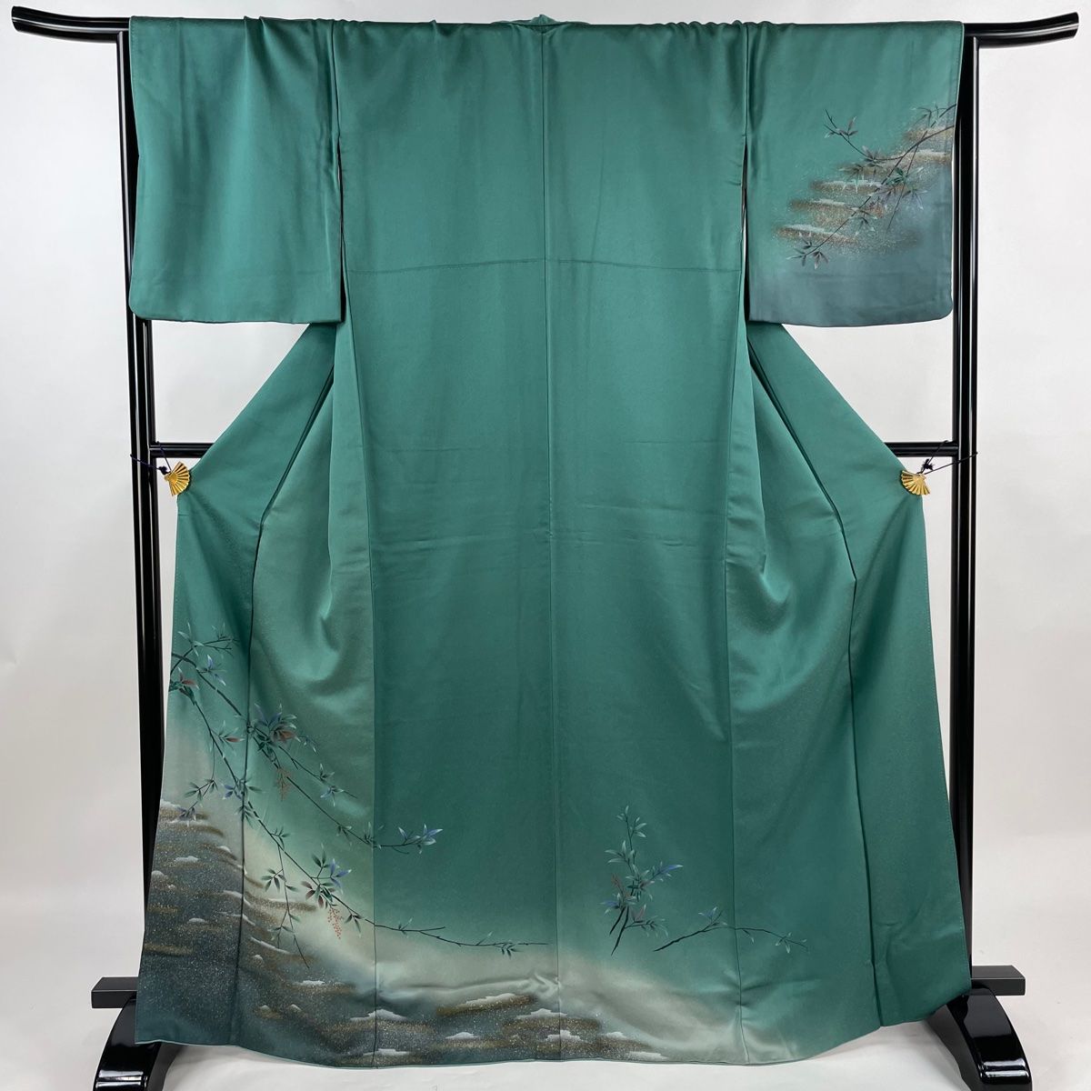 訪問着 身丈166.5cm 裄丈67.5cm L 袷 葉と実 霞 金彩 ぼかし 緑 正絹 秀品