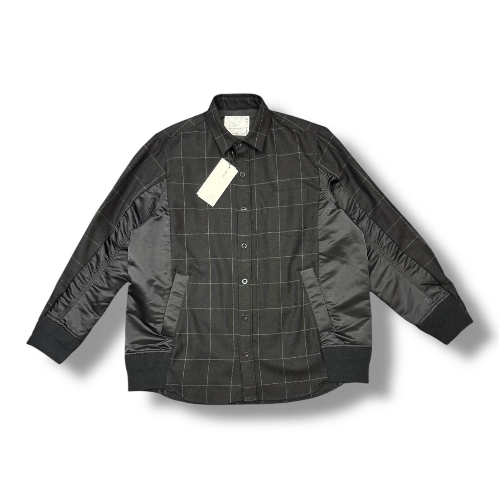 参考上代85800円 sacai 24AW Windowpane Shirt ウィンドウペーンシャツ ドッキング サカイ 24-03558M ブラック 3 618M6