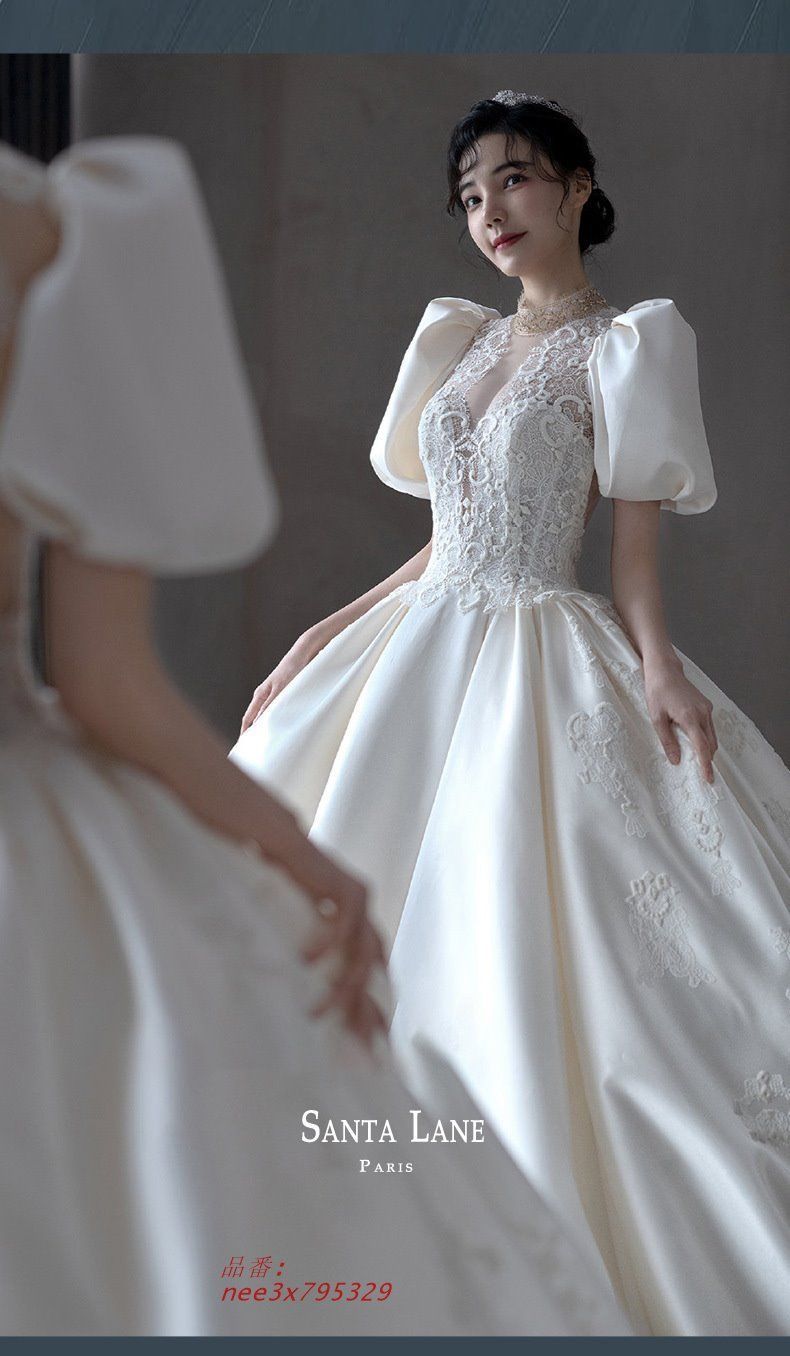 全 ウェディングドレス レース サテン 花嫁ドレス 立ち襟 ラインストーン パフスリーブ 素敵 結婚式ドレス ロングドレス キレイめ 4245