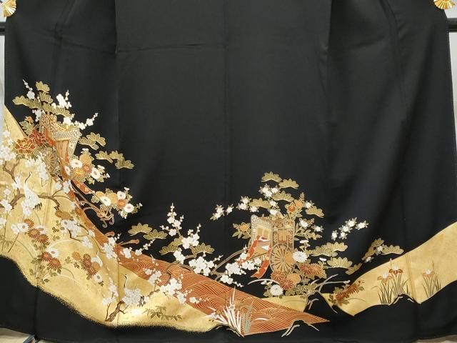 平和屋着物□豪華黒留袖 刺繍 雲重ね飛鶴文 金彩 正絹 逸品