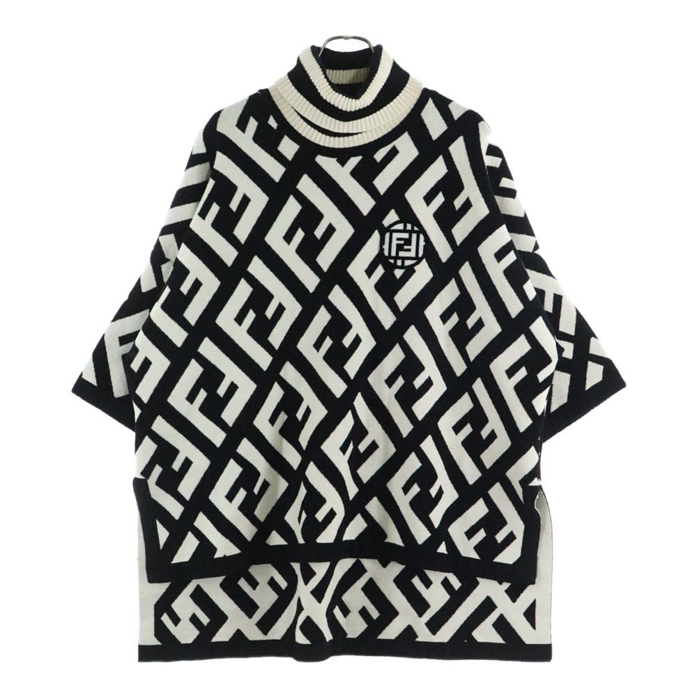 FENDI フェンディ ワッペンロゴ ズッカ総柄 オーバーサイズ ウール ニット セーター ポンチョ トップス ブラック ホワイト レディース FZY639 A3PU