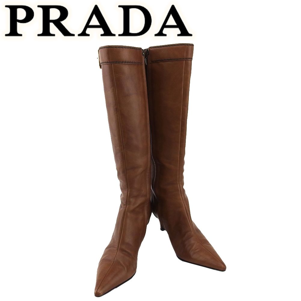 PRADA ブラウン ロングブーツ プラダ PRADA ブーツ ブラウン×ゴールド レディース 中古 - メルカリ