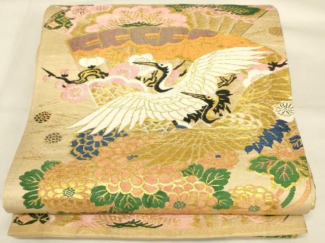 アンティーク　鶴模様　格子　金糸　丸帯　着物　023a p アンティーク 鶴模様 格子 金糸 丸帯 着物 023a p