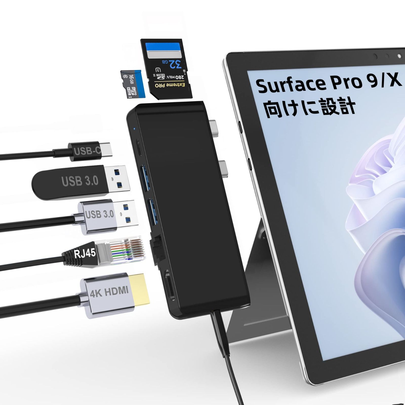 Surface Pro 9 ハブ 7-in-2 拡張 マルチポート 4K HDMI USB C