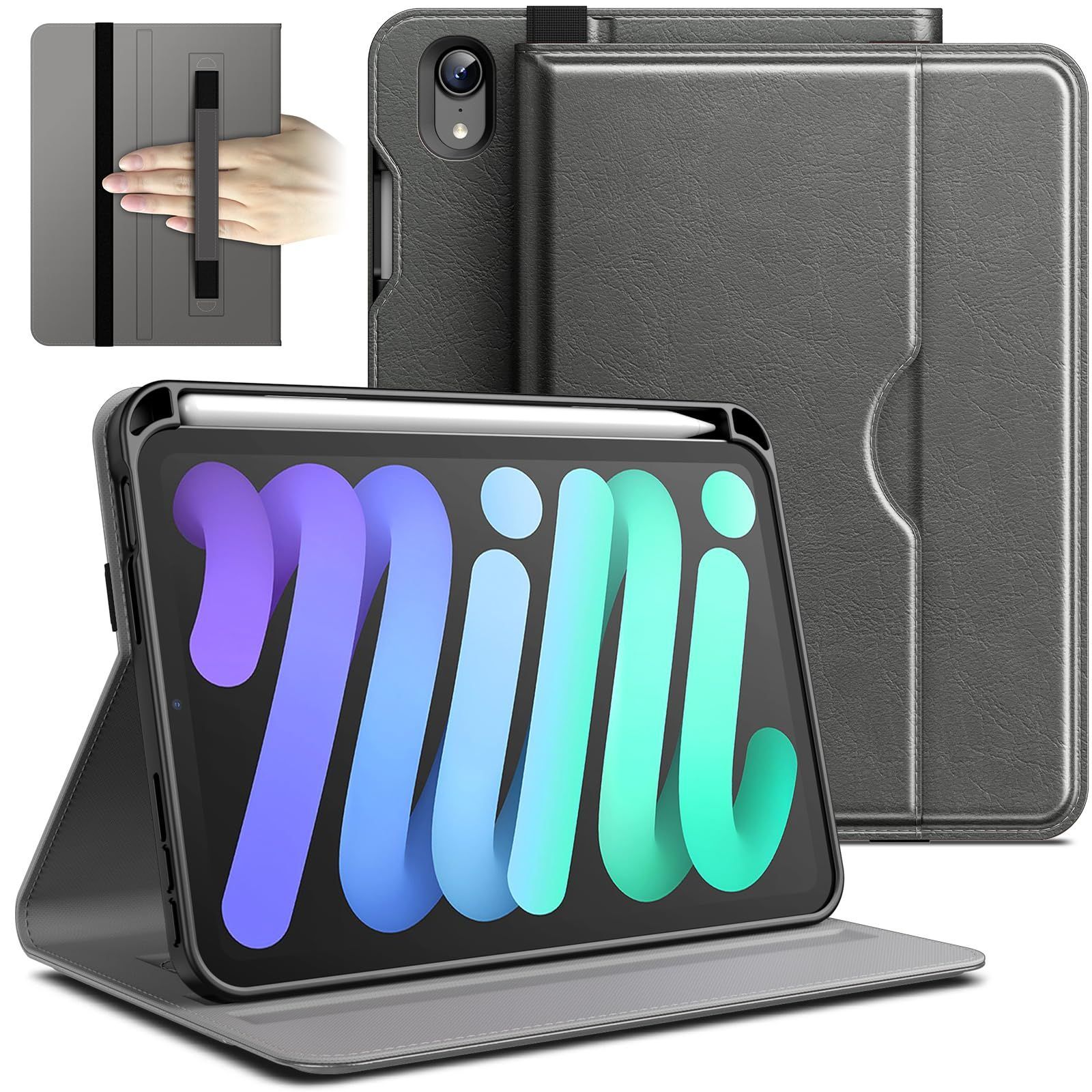 JEDirect iPad mini (A17 Pro 2024 モデル、第7世代) / mini 6 ケース (8.3インチ、2021モデル、第6世代)用 PUレザー ビジネスフォリオ タブレット保護カバー Pencilホルダーとポケット付き マ