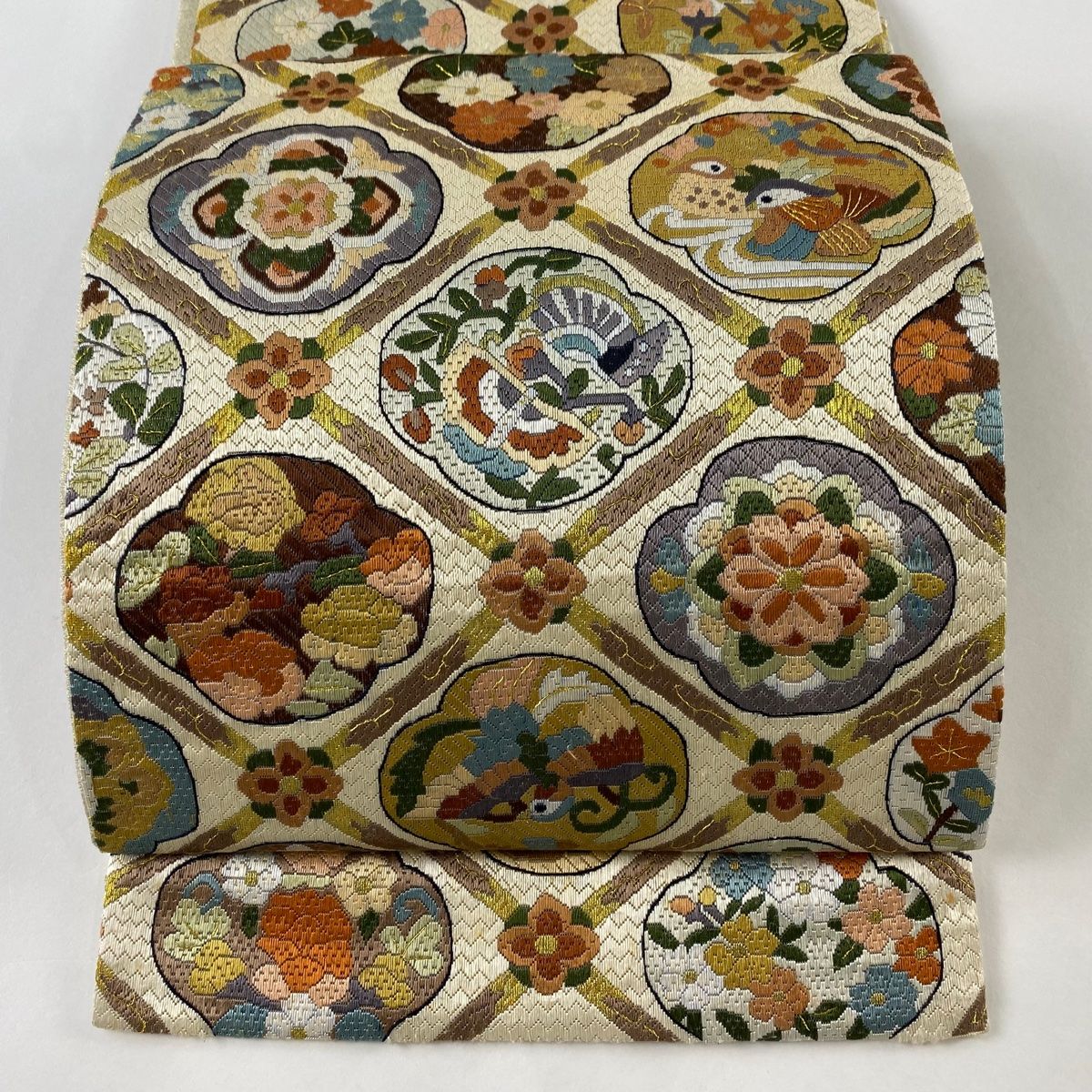 袋帯 逸品 格天井 花鳥 金糸 絽刺し クリーム 全通 正絹 【中古