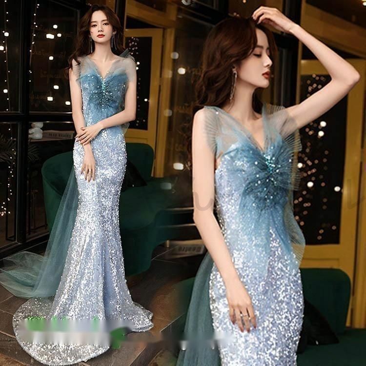 ♥ パーティードレス マーメイドドレス イブニングドレス タイト ノースリーブ ロング丈ドレス ステージドレス オフショルダ