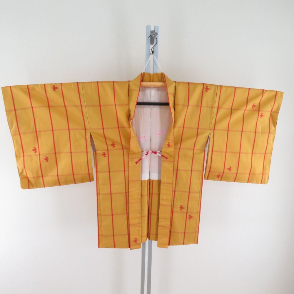 紬 着物 アンサンブル 道中着付 格子文様 袷 バチ衿 黄色 正絹