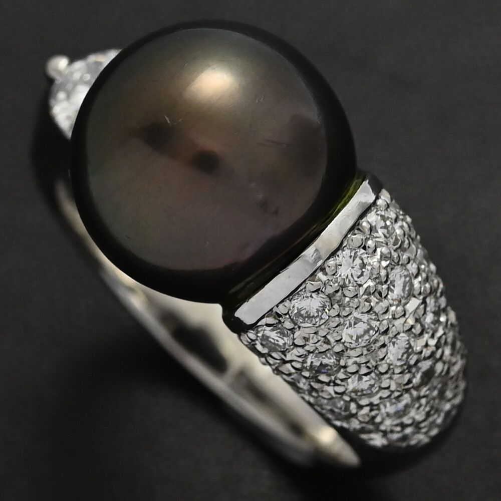 PA0.463ct FD 0.66ct ハートモチーフ･黒蝶真珠 クロチョウ タヒチパール ハート･ダイヤモンドリング･指輪 Pt900-17.1g 22号 ♀ A レディース 590535