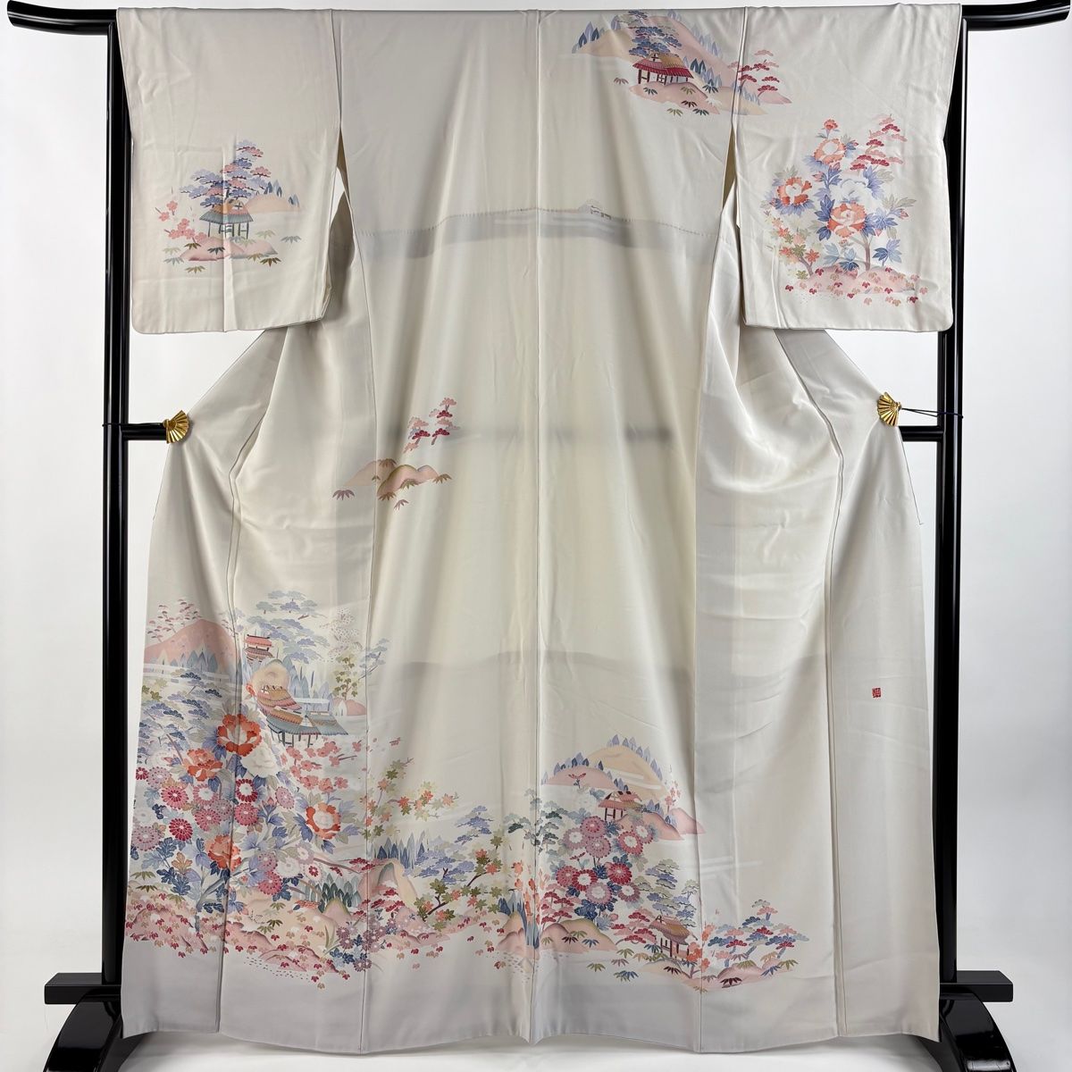 訪問着 身丈166cm 裄丈66cm M 袷 落款 家屋 松竹梅 ぼかし ベージュ 正絹 名品