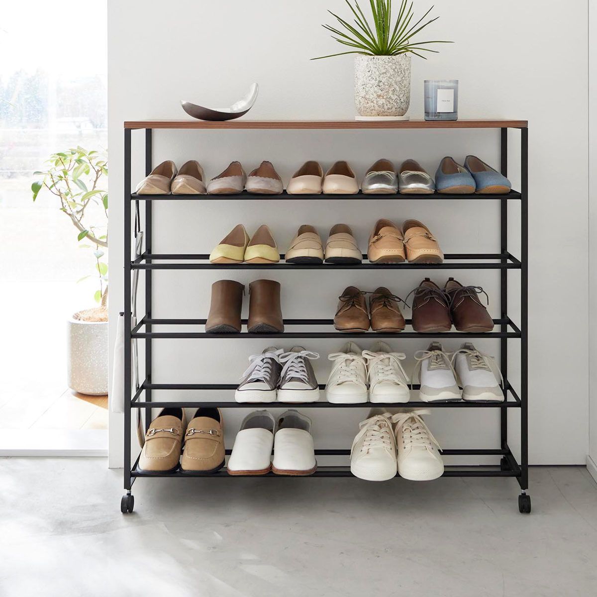 山崎実業 tower 天板付きシューズラック タワー 5段 キャスター付 W90