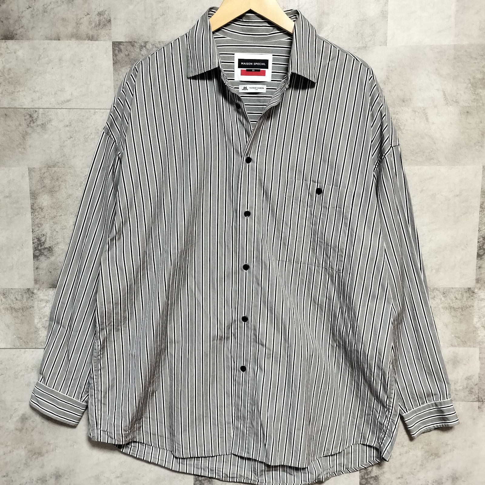 MAISON SPECIAL × TOMAS MASON プライムオーバーシャツ サイズ01 М〜XL相当 グレー ストライプ 長袖シャツ コットン