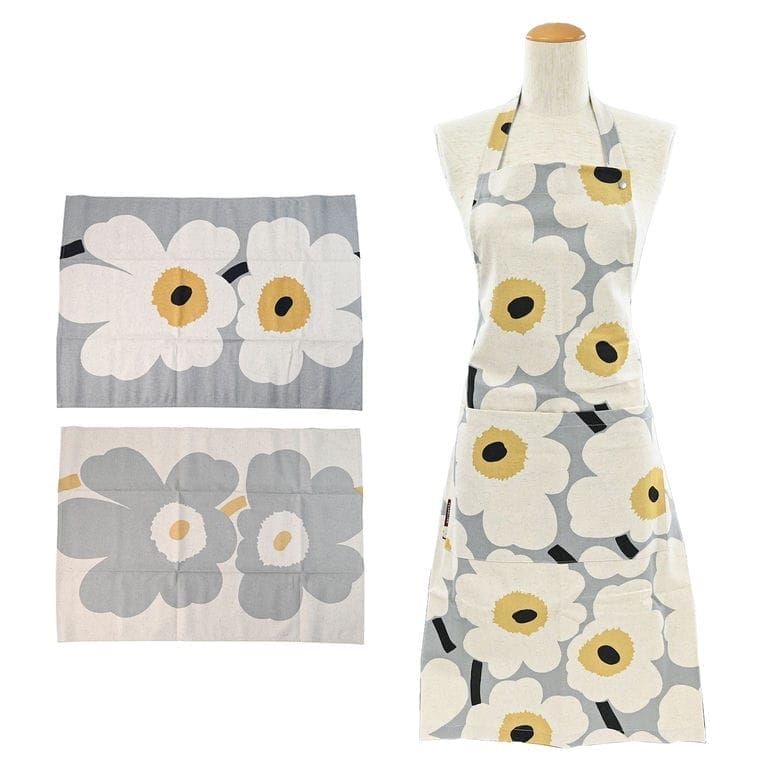 マリメッコ marimekko エプロン-ティータオル キッチンセット キッチンタオル 60周年記念 3点セット 純正 き ウニッコ グレー 73431 073431 922 北欧雑貨 北欧デザイン