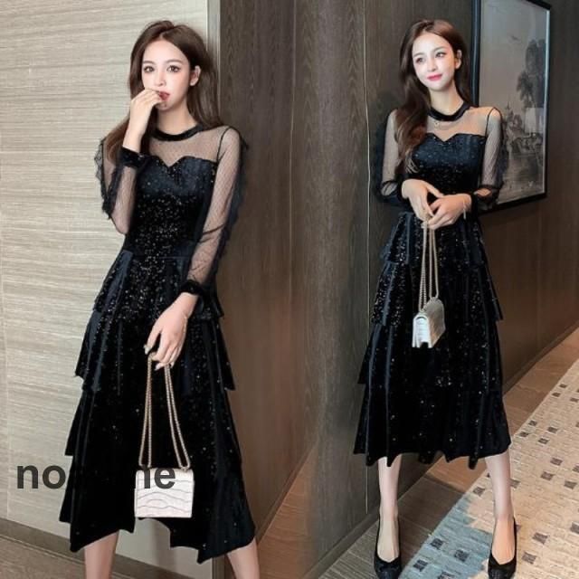 レディースファッション パーティードレス 結婚式 ドレス お呼ばれ ドレス 黒 韓国 袖あり 長袖 ティアードワンピース きれいめ 大きいサイズ