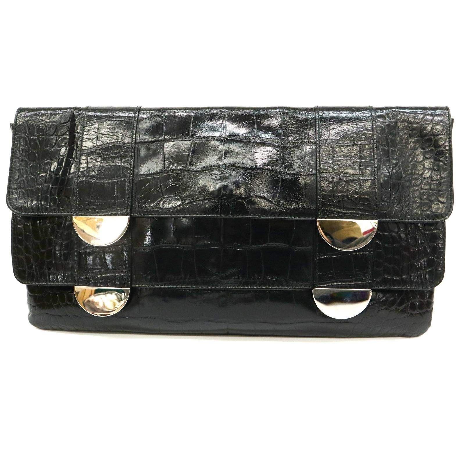 フルラ FURLA クロコ型押し ダブルフラップ クラッチバッグ 黒