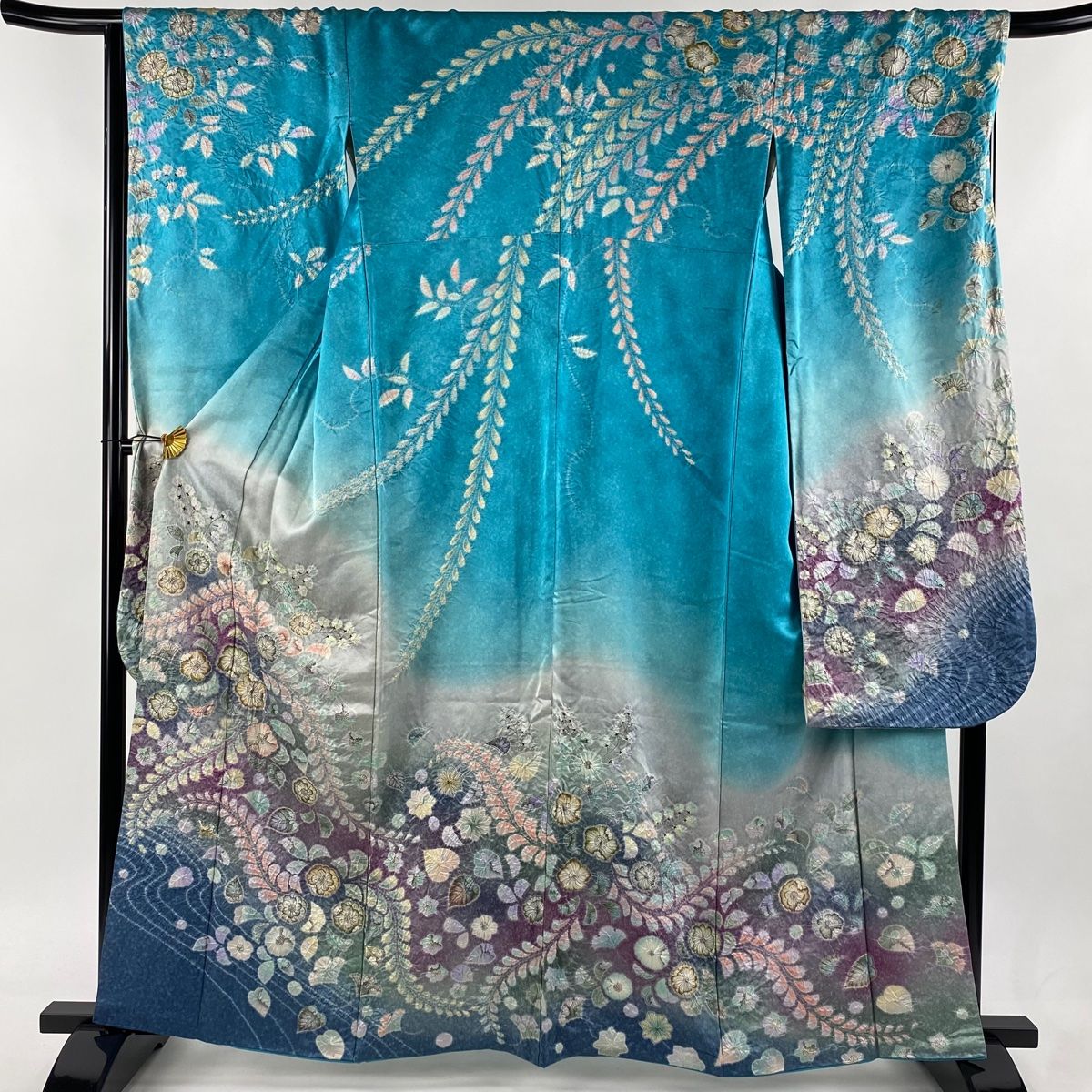 振袖 身丈162.5cm 裄丈68cm L 袷 落款 辻が花 流水 銀通し 金彩 水色 正絹