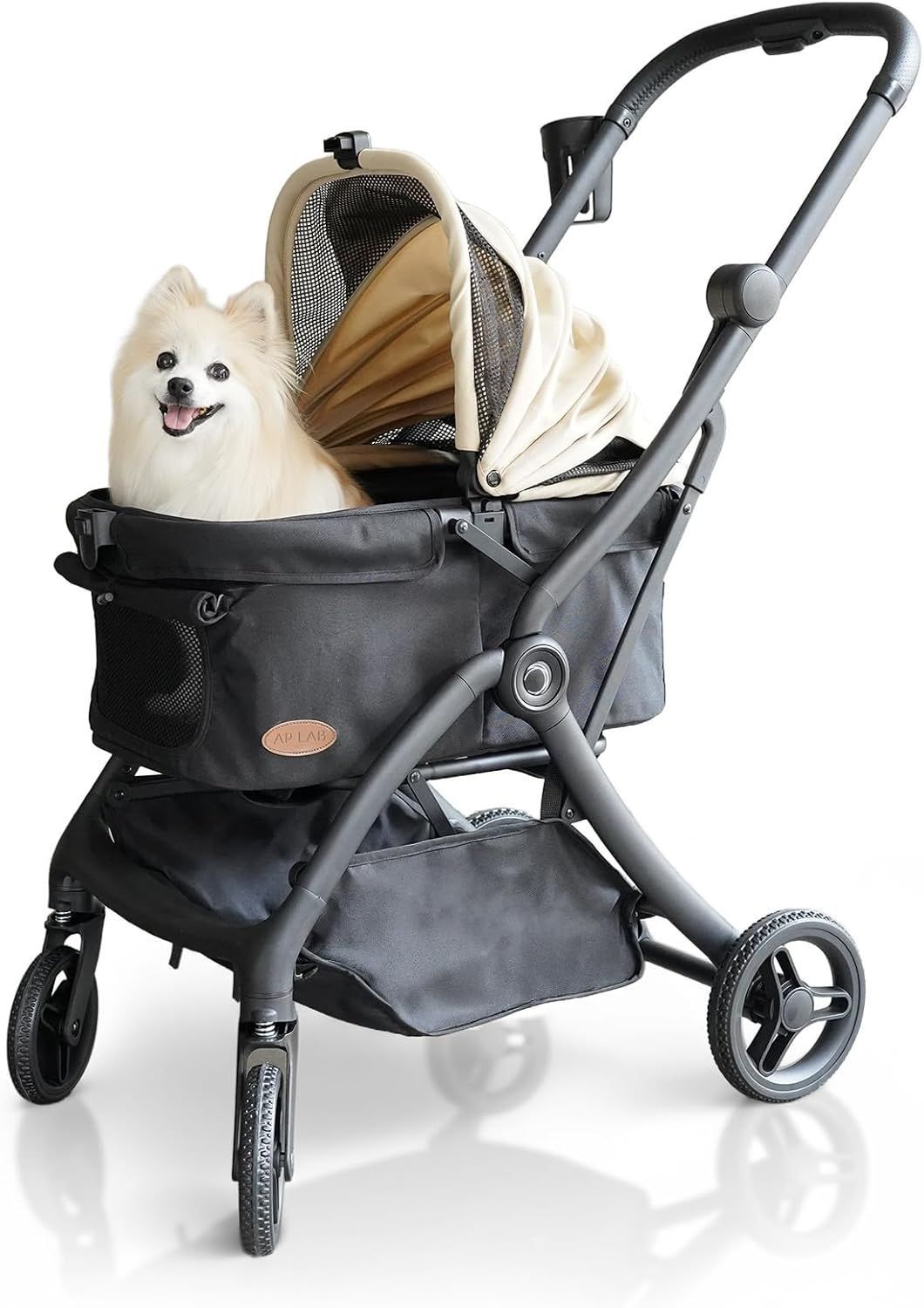 ペットカート 超軽量型 ワンタッチで折りたたみ 開閉 な屋根タイプ 超軽量で移動もラクラク サスペンション付き ペットキャリー ドリンクホルダー付き ベージュ