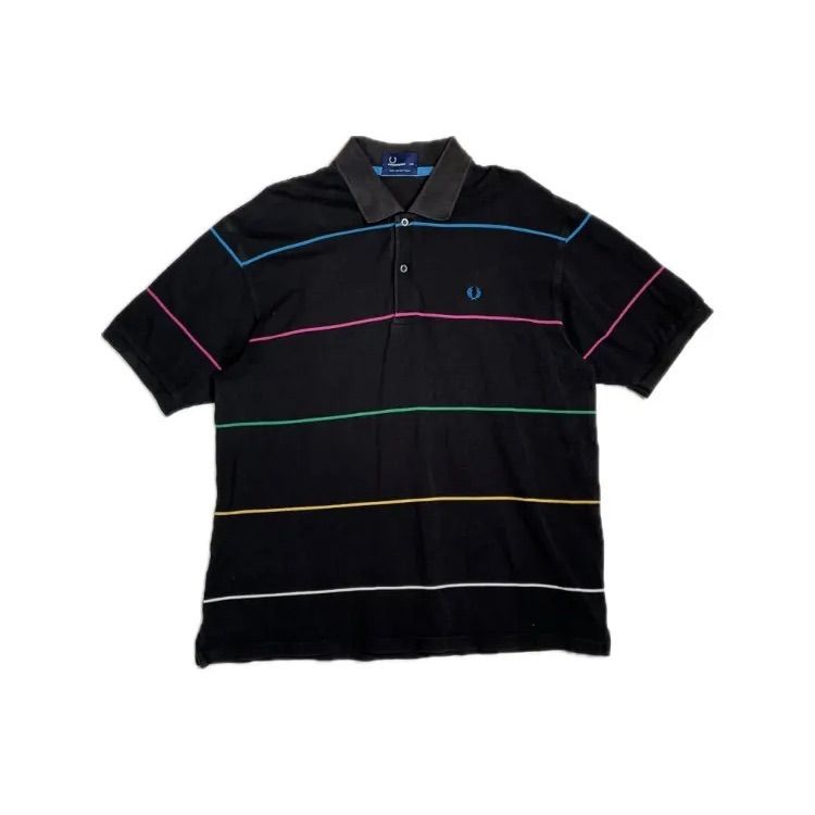 FRED PERRY ストライプ ポロシャツ XXLサイズ ブラック 刺繍ロゴ