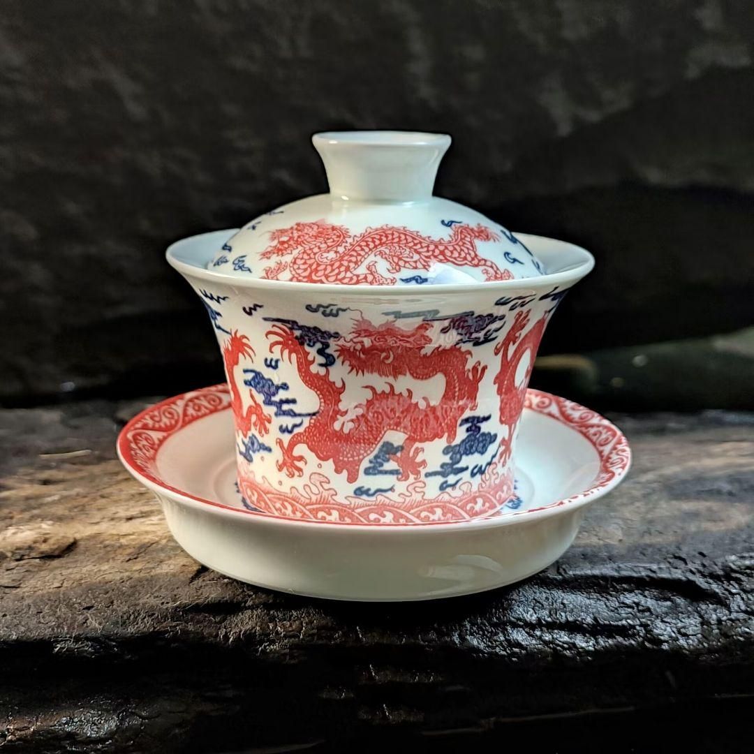 青花九龍紋蓋碗 中国茶器 景徳镇 蓋付き茶器 飲茶食器 煎茶具 未使用品 青花釉里紅祥龍三才蓋碗 中国茶器 景徳? 蓋付き茶器 飲茶食器