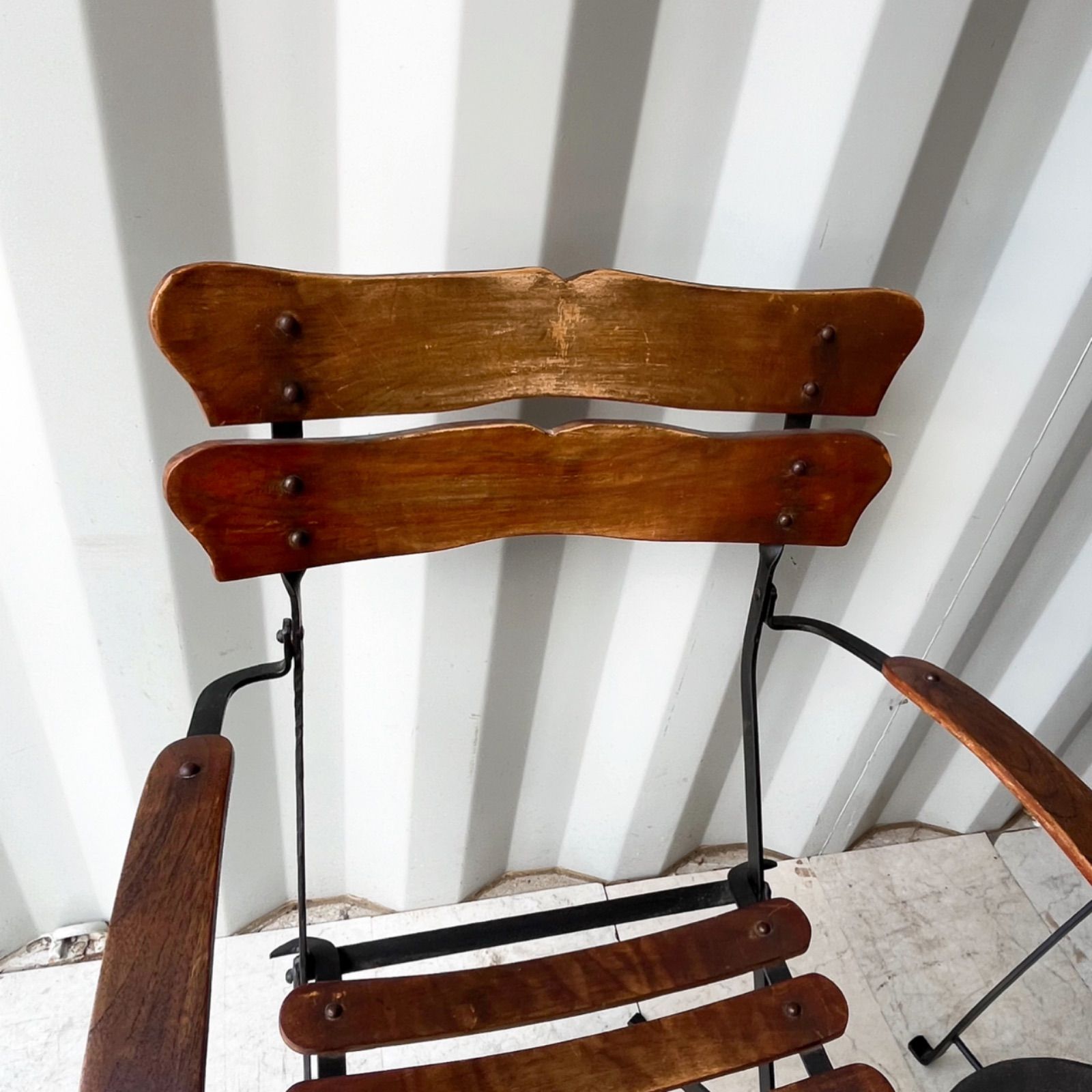 取付無料！ガーデンファニチャー 天然木 アイアン 折り畳み円形