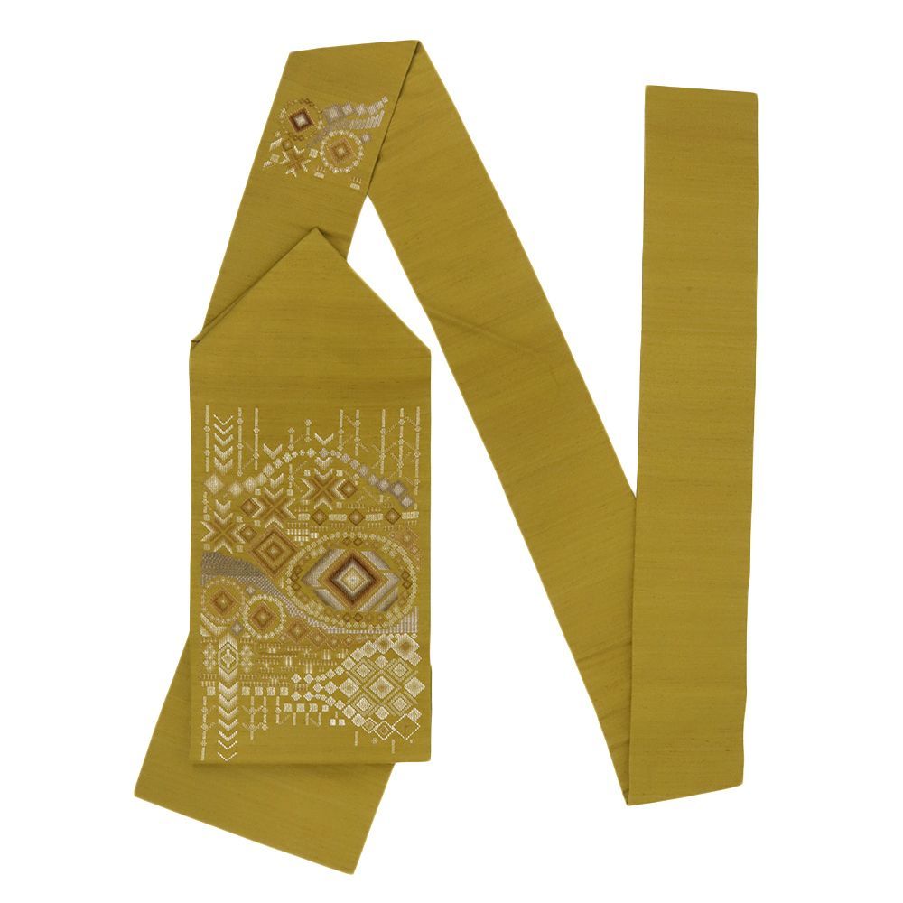 名古屋帯 読谷山 花織 黄茶 幾何学 お仕立て上がり カジュアル お洒落