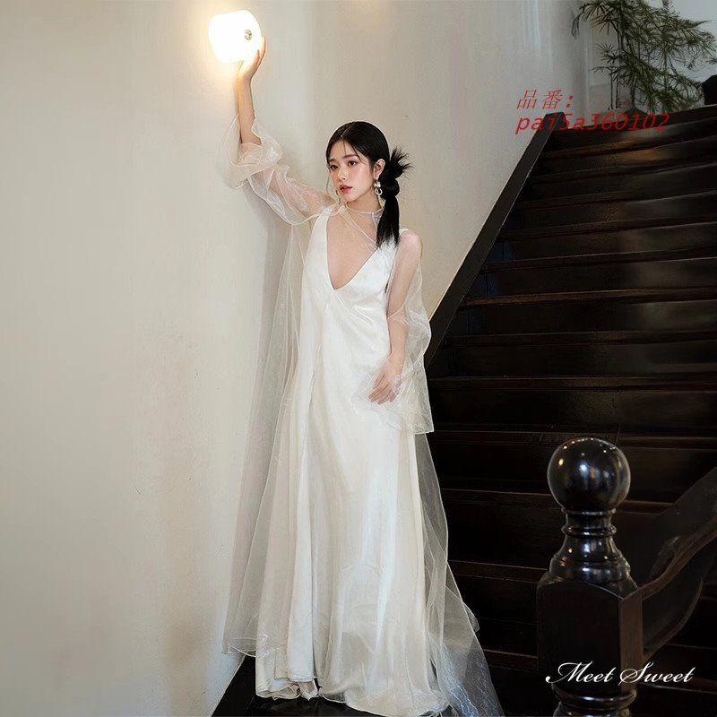 ウェディングドレス 2点セット Vネック ロングドレス スレンダーライン 袖なし 結婚式 挙式 花嫁 ワンピース 前撮り 二次会 ウエディングドレス pai5a360102