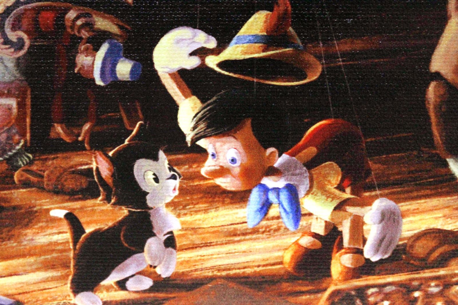 【直筆サイン入り】　【限定商品】ピノキオ ゼペットの工房 キャンバス絵 海外購入 ディズニー/トーマス キンケード「ピノキオ/ゼペットのピノキオ」展示