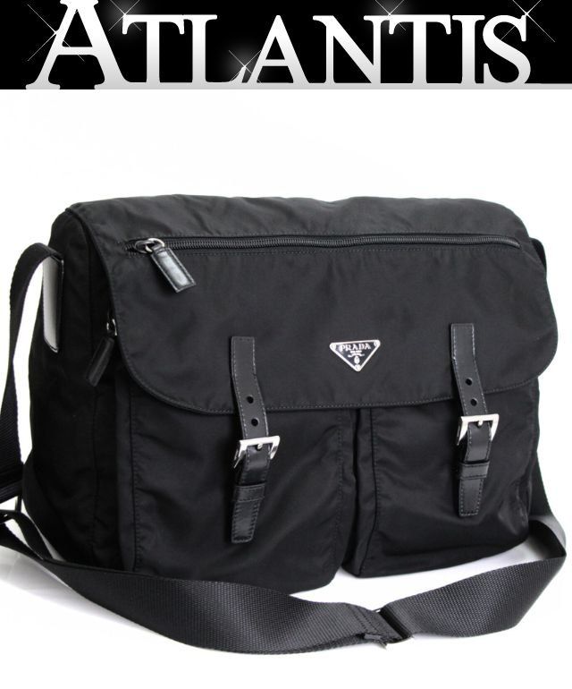 美品✨プラダ メッセンジャーバッグ ダブルポケット 黒 三角ロゴ BT1738 美品 プラダ PRADA 三角ロゴ ショルダーバッグ メッセンジャー