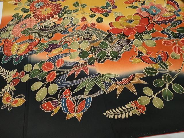 平和屋着物○豪華振袖 型染め 風景花蝶文 正絹 逸品 CAAV6762vf