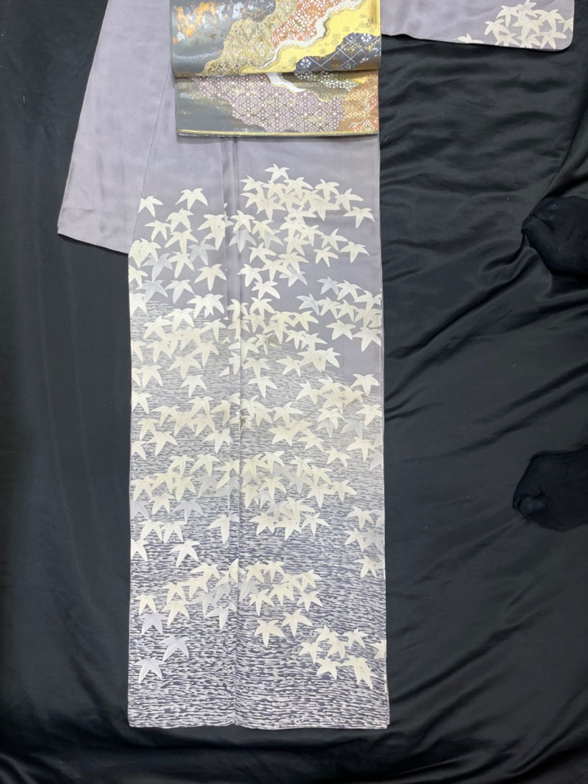 豪華絢爛綺麗美品身丈157cm裄丈66cm薄紫モミジ柄訪問着正絹袷広襟(未  