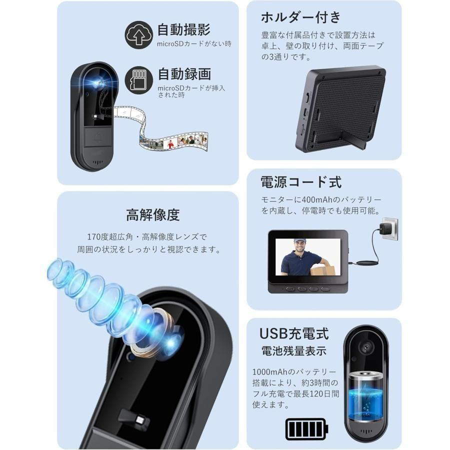 インターホン ワイヤレス ドアホン カメラ付き モニター付き