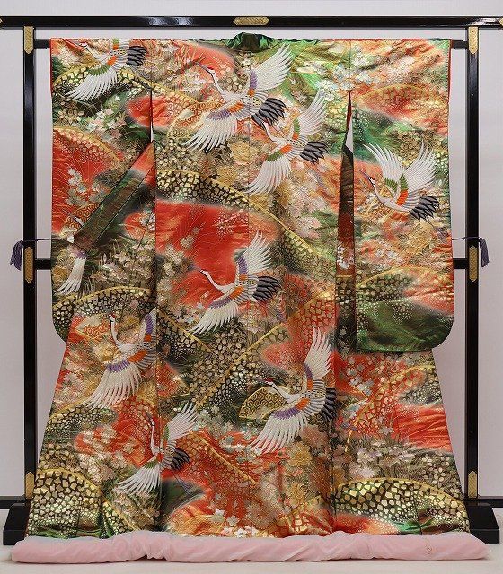 鶴模様 純絹 白掛下 花嫁着物掛下 美品 生成色 正絹 高級「 花嫁和装