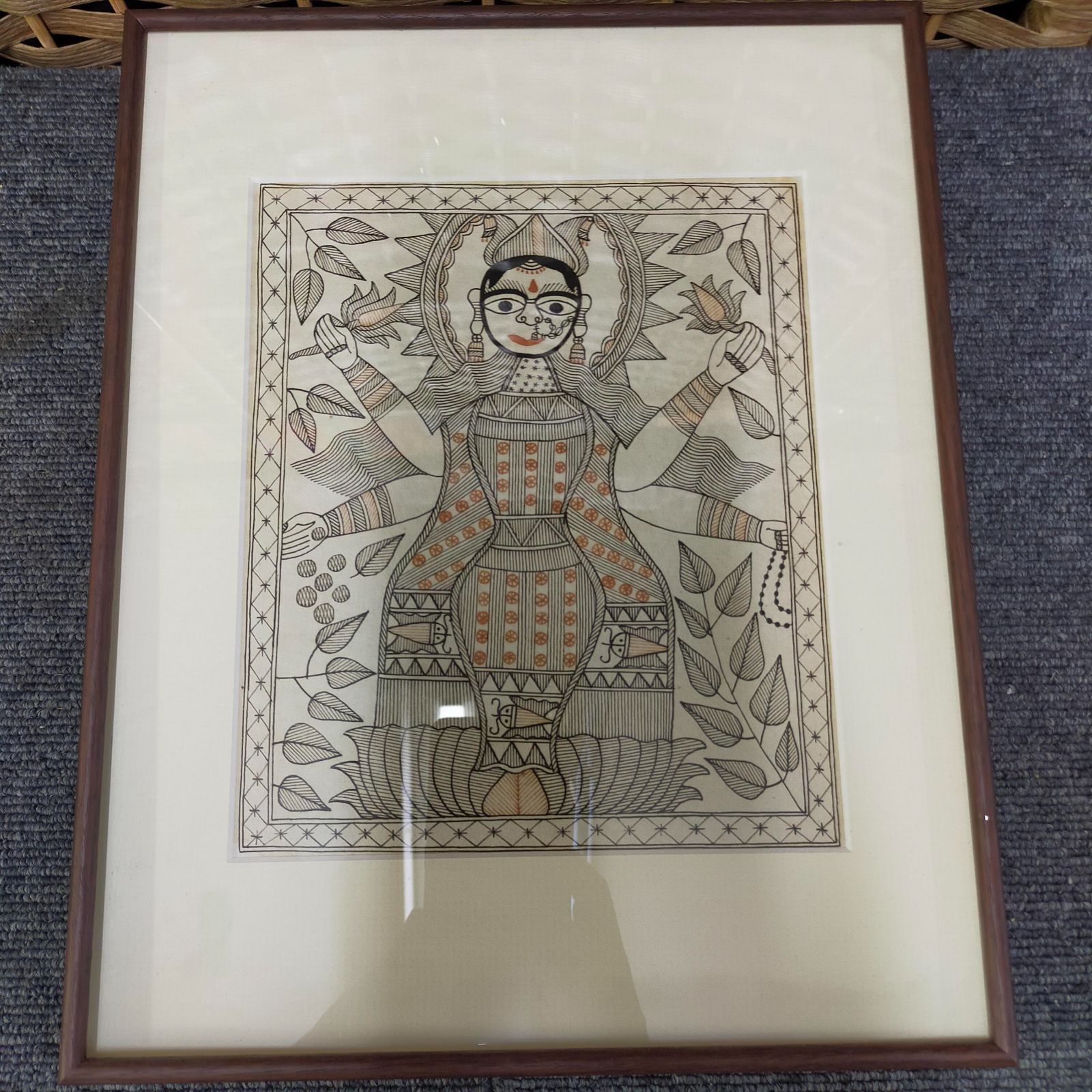 特別価格 インド民俗絵画ミティーラ画「生命の樹」ガラス額装
