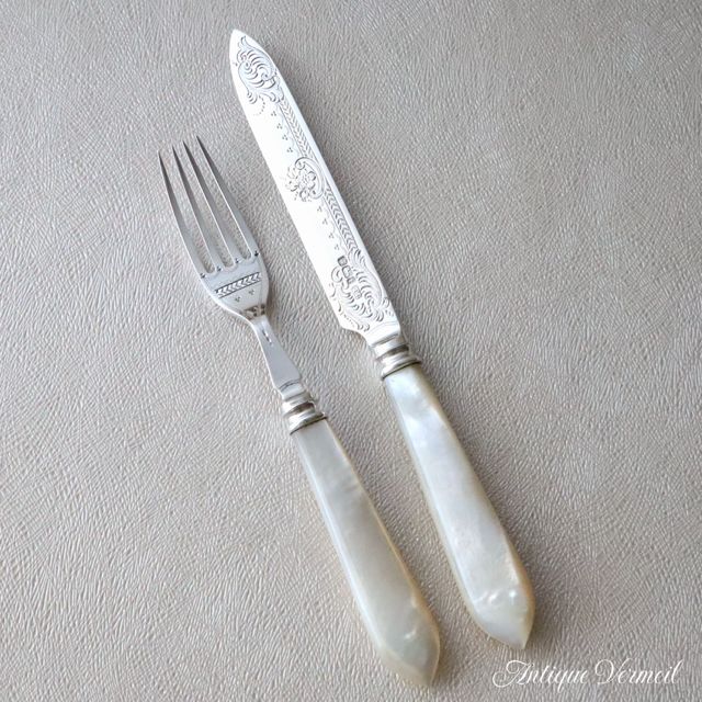 英国銀器 白蝶貝 純銀デザートナイフ＆フォーク Thomas Levesley 1911