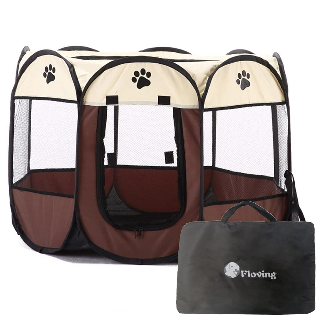 L_ブラウン Floving 八角形ペット 折りたたみサークル 猫 サークル プレイサークル ペットテント 犬 ゲージ 折りたたみ ペットハウス ペット用ケージ サークル ケージ アウトドア コンパクト 屋外 屋内 犬 メッシュサークル お出かけ用品 (L（9