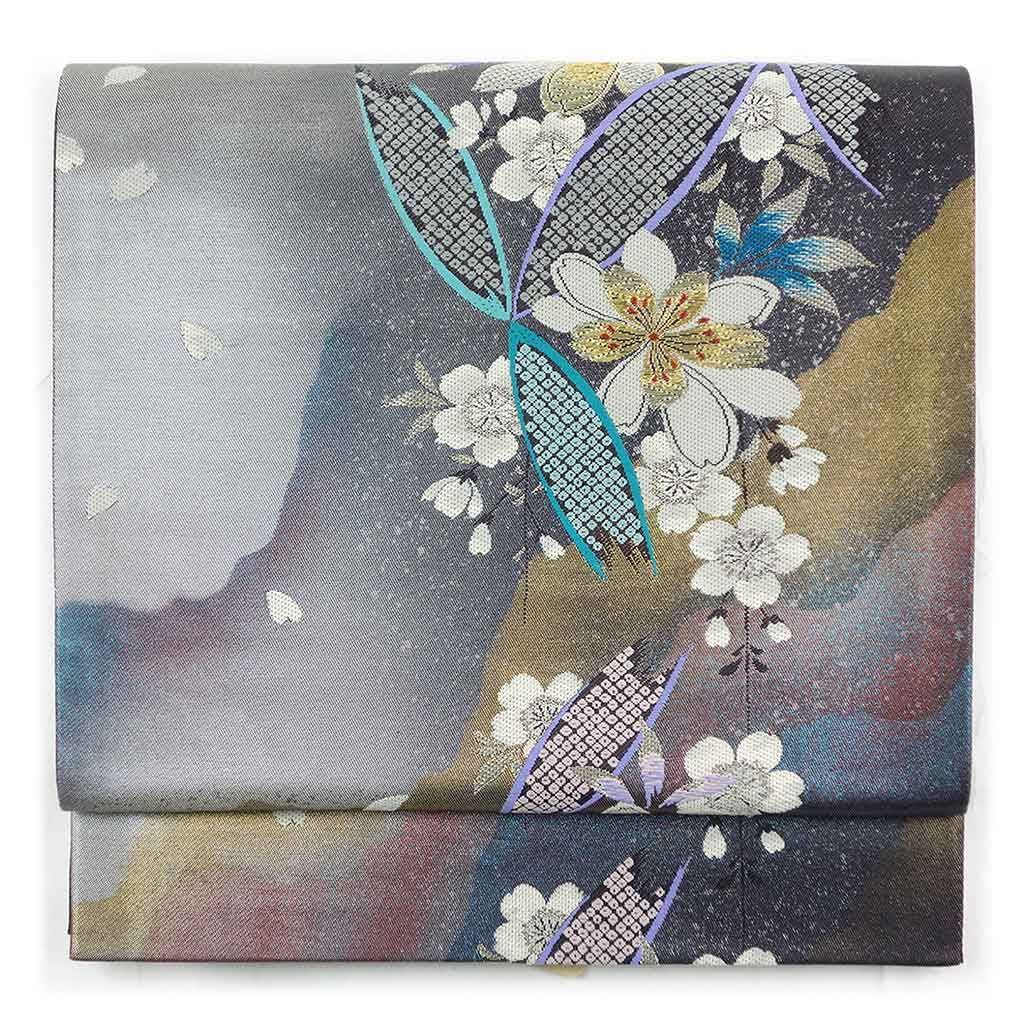 袋帯 幅31cm 長さ431cm レディース 桜 秋冬春用 正絹 シルク シルバー リメイク リユース リサイクル 呉服のきくや