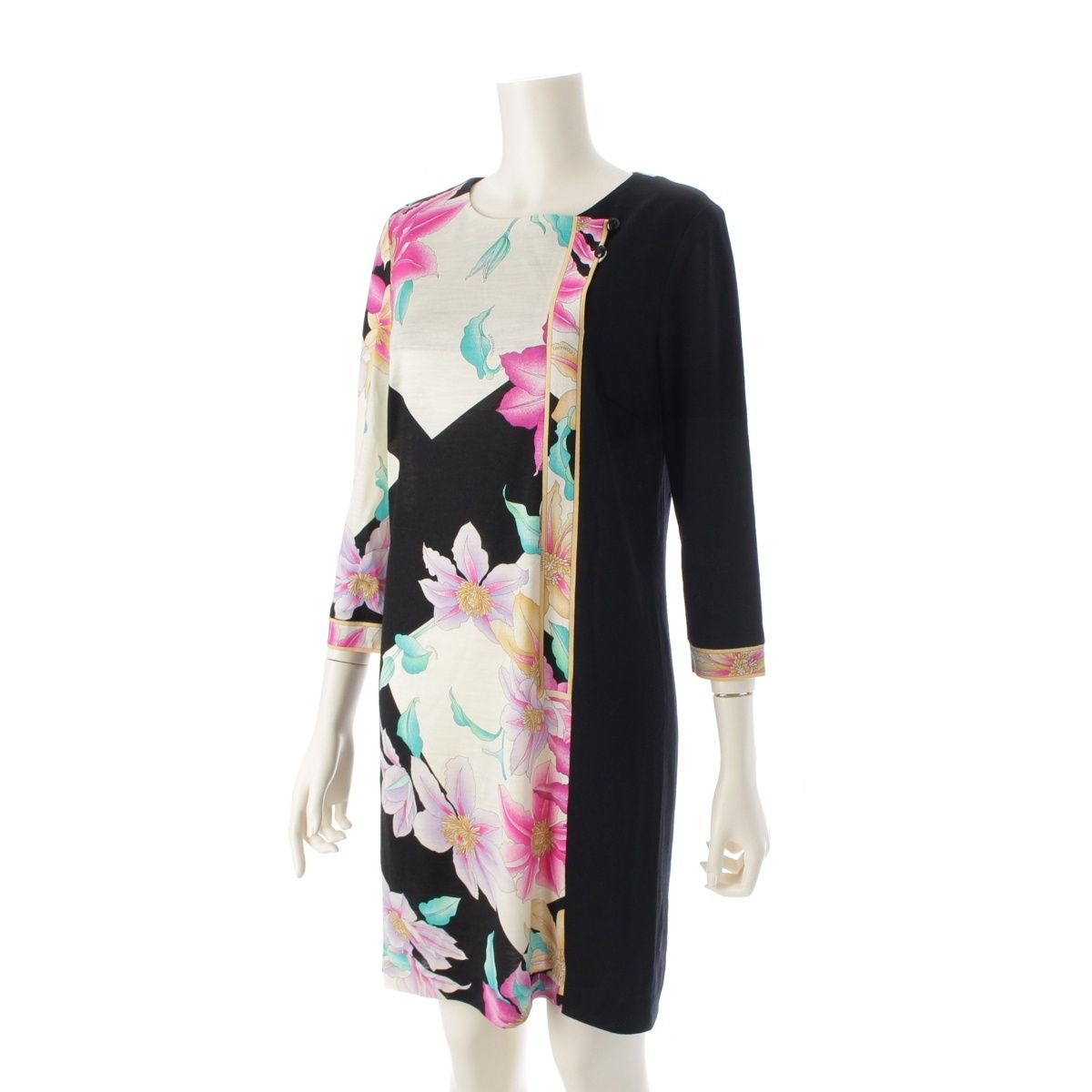 レオナール ウール シルク フラワー 花柄 切替 ワンピース ドレス 0380631 ブラック 38