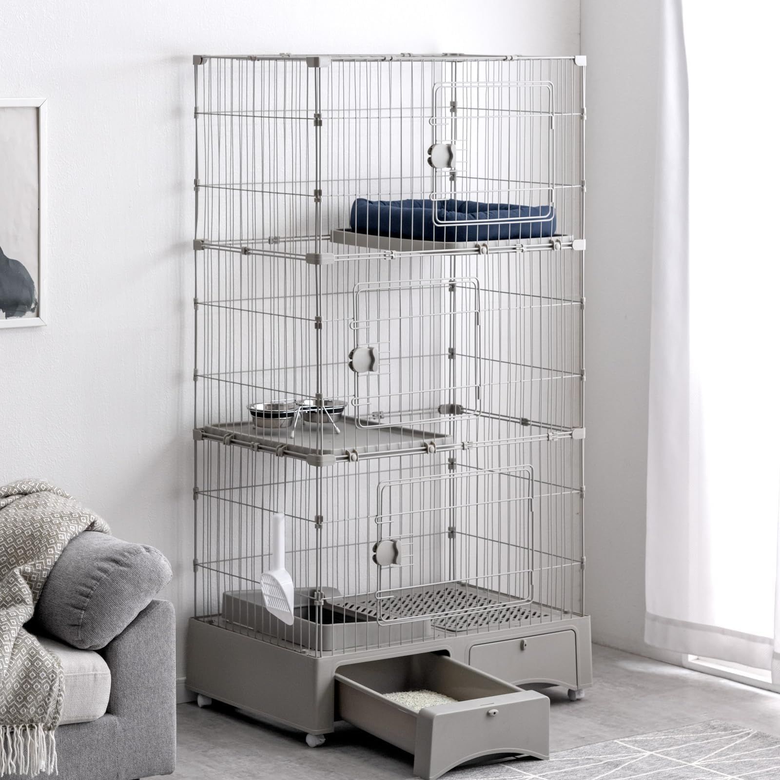 【人気商品】タンスのゲン 猫ゲージ 3段 幅82㎝ 高さ157㎝ トイレ付き キャスター付 丸洗いOK キャットケージ 引き出し 収納 52800019(90280)