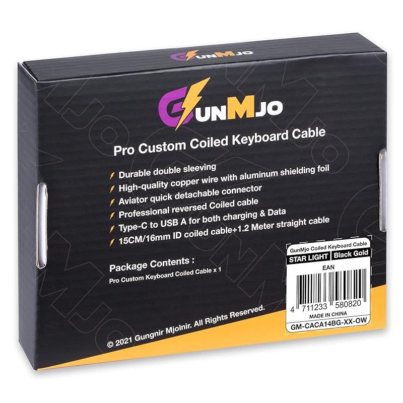【在庫限り】GUNMJO スターライトコイル USB Cケーブル ゲーミングキーボード用 ダブルスリーブ メカニカルキーボードケーブル 取り外し可能なメタルアビエーター付き 1.5M USB-C - USB-A、ゴールドアビエーターコネクター付きブラックカラー